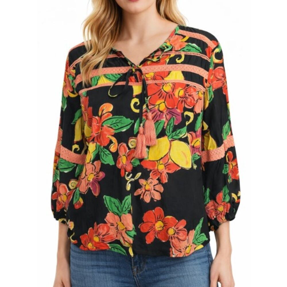 Moda Posa Leola Boho Floral Tassel Blouse S Black Orange Floral Tie Peasant Top
